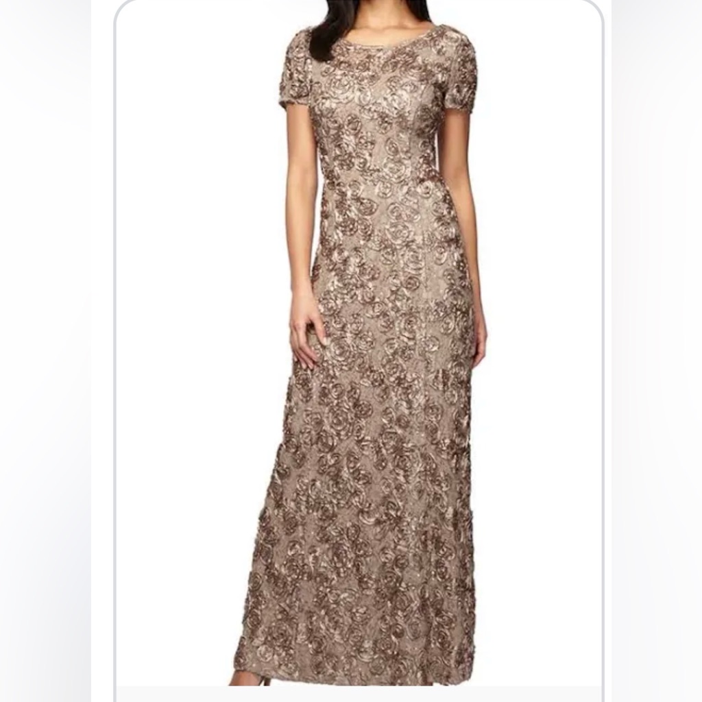 Alex Evenings Rosette Lace Gown In Tan
